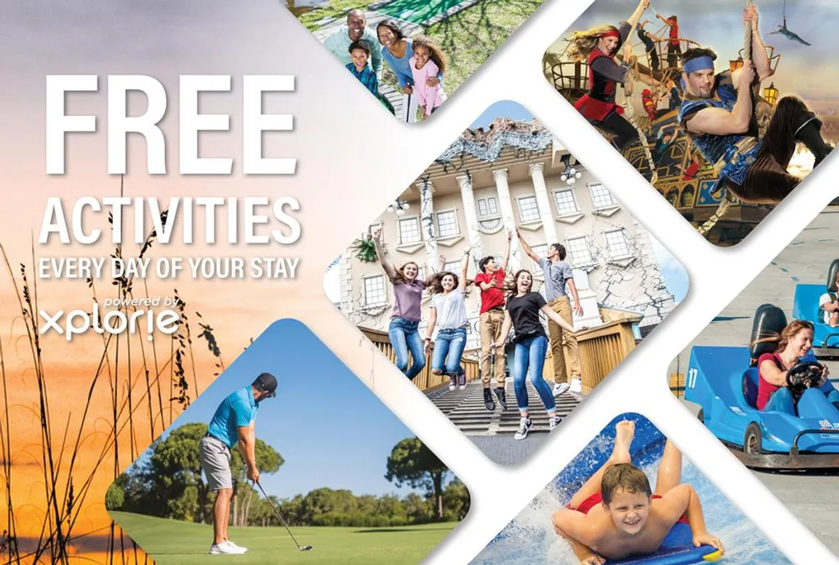 An interior view of families and friends engaging in various activities, including golfing, amusement park rides, and water sports. The mood is joyful and dynamic, emphasizing shared experiences and fun both within and beyond the property.
