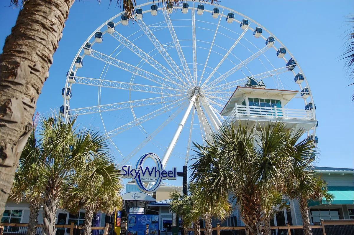 A close-up of the SkyWheel ferris wheel framed by palm trees, with the ticket booth visible. The mood is exciting, inviting families to enjoy panoramic views and nearby attractions under sunny skies.